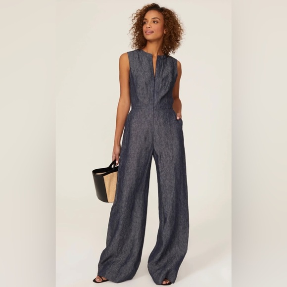 MARTIN GRANT Pants - MARTIN GRANT chambray denim sleeveless wide leg jumpsuit casual pockets blue 8